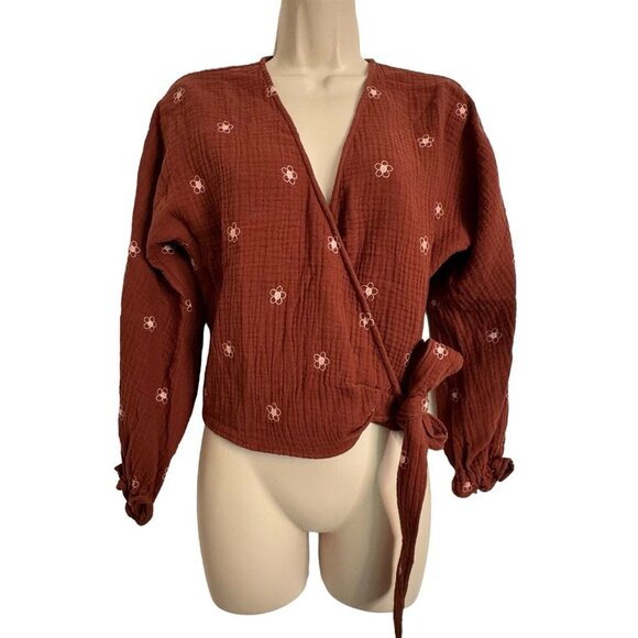 Madewell Wrap Gauze Cotton Side Tie Blouse Embroidered Pink Flowers Size XS - Picture 1 of 10